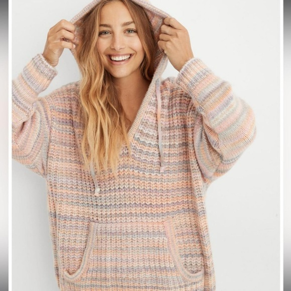 aerie Sweaters - Aerie Street Comfy Chucky Knit Striped Pullover Hoodie Sweater